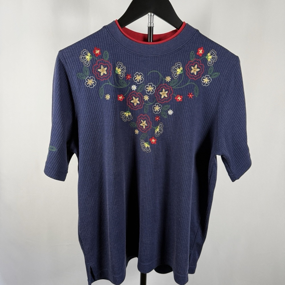 Bon Worth Women's Top Short Sleeve Blue Embroidered Floral Small